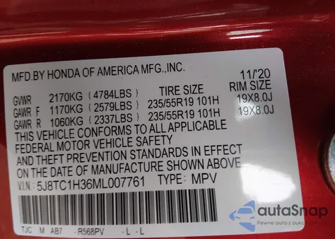 2021 Acura Rdx Standard z USA, uszkodzony, nr VIN 5J8TC1H36ML007761